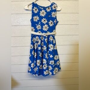 Blackbutterfly Blue Floral Kids Dress with White Belt Size 11-12